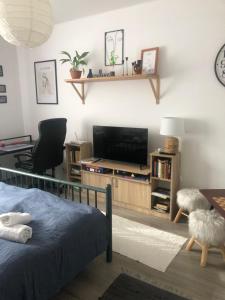 a bedroom with a bed and a flat screen tv at Ifjú-lak 1 vendégház in Kaposvár