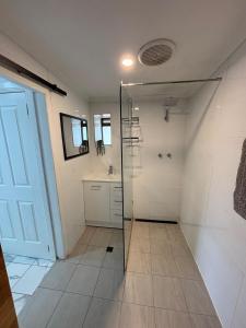 ein Badezimmer mit Dusche und Glastür in der Unterkunft Park, Outdoor Gym, Sports Oval, 3 Queen Room House in Broken Hill