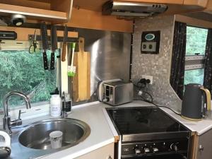 a kitchen with a sink and a stove at Redwood Valley B and B Caravan Retreat in Redwoods Valley