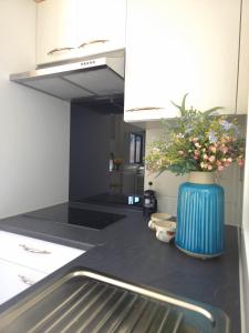 a kitchen with a blue vase with flowers on a counter at Puriri Tiny Home in Orewa +17 photos