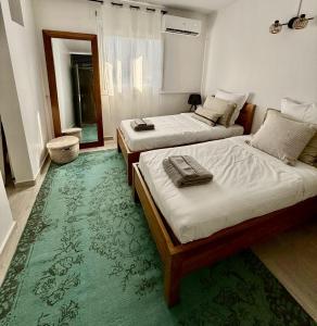 2 camas en una habitación con alfombra verde en Pointe Noire, en Pointe-Noire