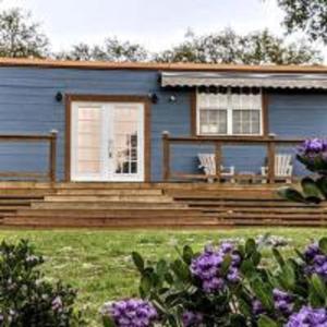 a blue house with a porch and some flowers at Tiny House with Amazing Views and Private Hiking Trails in Hill Country, Texas in Freedom Springs Ranch Airport