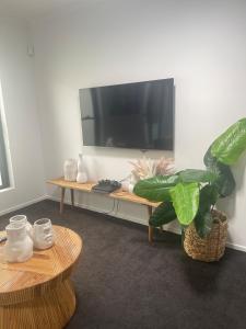a living room with a tv and a table with a plant at Syldah Stay Mango Hills in North Lakes