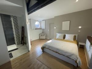 a bedroom with a bed and a walk in shower at Gîte de charme avec parking, animaux admis, proche de Tours - FR-1-381-638 in La Riche