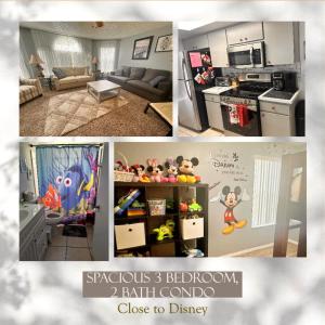 基西米Disney Magic Condo 1st Flr 3BR Disney-Themed Pool的厨房和客厅的照片拼贴画