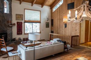 un salon avec un canapé et une cheminée dans l'établissement Blue Jay's Nest Sequoia Cabin in Ponderosa, CA, à Ponderosa