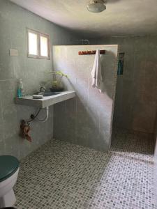 a bathroom with a shower and a sink and a toilet at Casa Bonsai in Chetumal