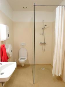 a bathroom with a shower and a toilet and a sink at Camden Hostel in Baku