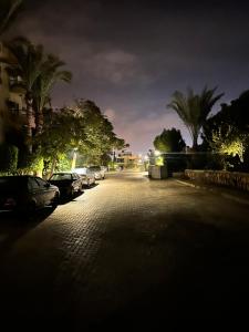 Eine dunkle Straße mit geparkten Autos und Palmen bei Nacht in der Unterkunft Compound high town home for rent in Madinaty