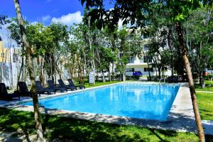 a large swimming pool with chairs and trees at Condo Lux Xareni in Playa del Carmen