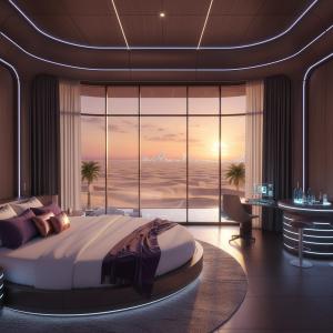 a bedroom with a large bed in front of a window at Avatar Khufu View in Cairo