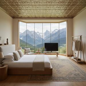 a bedroom with a bed and a large window with mountains at Avatar Khufu View in Cairo