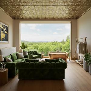 a living room with a green couch and a large window at Avatar Khufu View in Cairo