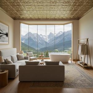a living room with a tub and a large window at Avatar Khufu View in Cairo