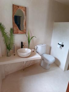 a bathroom with a toilet and a sink and a mirror at Sonnenhouse Lombok Kertaraharja in Luk