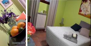 two pictures of a bedroom with a bed and a bowl of fruit at Om'Sleeping B&B in Laudun
