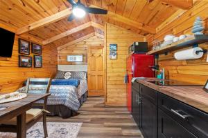 a kitchen and bedroom in a log cabin with a bed at WiFi - Dreamcatcher - Lux-Tiny Cabin in RRG KY in Rogers