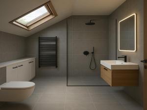 a bathroom with a toilet and a sink and a skylight at Holiday home with panoramic view in Kleinvolderberg