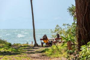 two people sitting on a bench looking at the ocean at Pet friendly beachfront home- sleeps 8 in Toogoom