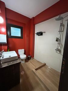 a bathroom with a toilet and a sink and red walls at The Black Chestnut in Áyios Nikólaos +15 photos