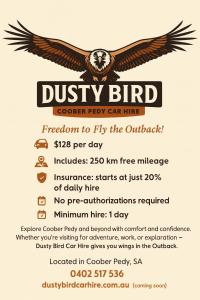 a flyer for an eagle fly car hire at Desert Gum Grund st in Coober Pedy