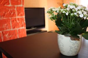 un vaso bianco con fiori seduti su un tavolo di Privatzimmer San a Ringsheim