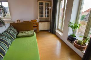 ein Wohnzimmer mit einem grünen Sofa in einem Zimmer mit Fenstern in der Unterkunft Apartment Haak in Halle Westfalen