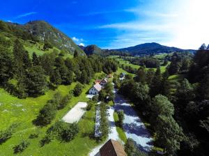 an aerial view of a river in a valley at Guest House Gostišče Gačnk V Logu in Cerkno