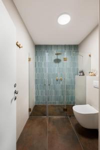 a bathroom with a shower with a toilet and a sink at ארץ-נגב צימרים בירוחם in Yeroẖam