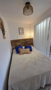 a bedroom with a large white bed with blue pillows at Studio Le miroir à Saint Aygulf in Saint-Aygulf