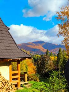 a cabin with a picnic table and mountains in the background at Osada Magury - Bieszczady in Wetlina