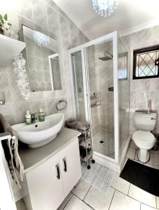 een badkamer met toilet, wastafel en douche bij De Casa Leisuredene in Hibberdene