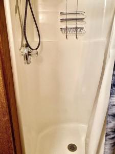 a shower with a white tub with a shower curtain at Romantic and Rustic Cabin Rental for Couples in Bitterroot Valley, Montana in Hamilton +15 photos