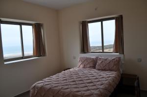 Un dormitorio con una cama y dos ventanas en Tazgha house, en Essaouira