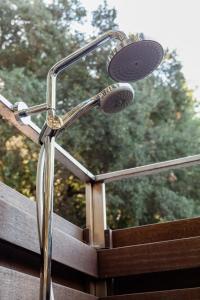 a shower on top of a wooden bench at Tranquil Yurt Rental for Two with Soothing Interior on Ranch near San Luis Obispo in Cayucos