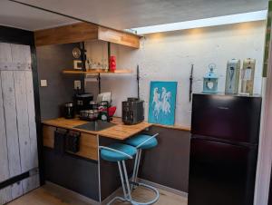 a kitchen with a counter and a refrigerator at Het Zwanenest in Harlingen