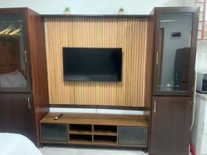 a large entertainment center with a television on a wall at GRACE self-catering apartments in Goodwood