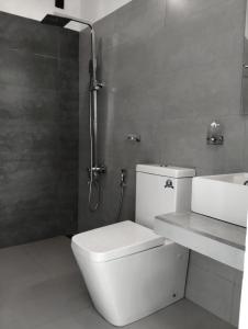 a bathroom with a shower and a toilet and a sink at Junction 14 Villa in Dikwella North