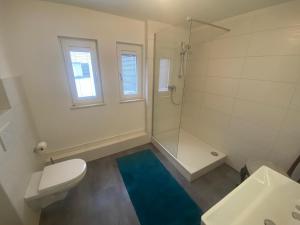 a bathroom with a shower and a toilet and a sink at Gästewohnung Augsburg - Spickel in Augsburg