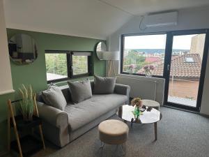 a living room with a couch and a table at Vitamine Central Apartment in Craiova