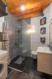 a bathroom with a shower and a toilet and a sink at Vienna Rem in Lukavac