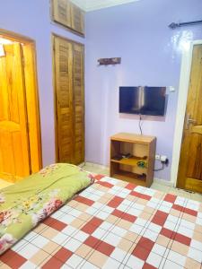 a bedroom with a bed and a flat screen tv at Thurin imo nord STUDIO in Saint-Louis