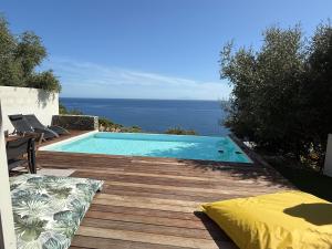 a swimming pool with a view of the ocean at Villa Pietranera in San-Martino-di-Lota