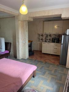 Habitación con sofá y cocina con nevera. en Rusalka, en Kobuleti