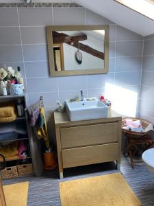 een badkamer met een wastafel en een spiegel bij Bed and Cèpes in Busserolles