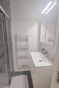 a white bathroom with a sink and a mirror at Cozy Brabanconne apartment in Brussels