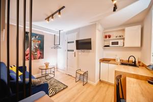 a small apartment with a kitchen and a living room at Zefir Apartment in Rzeszów