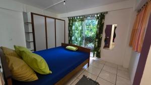 a bedroom with a blue bed and a window at La Maison Plage et Sunset in Paeau