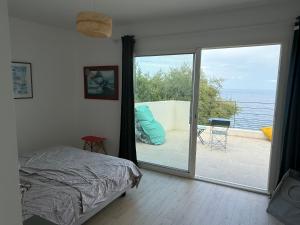 a bedroom with a bed and a sliding glass door at Villa Pietranera in San-Martino-di-Lota +19 photos