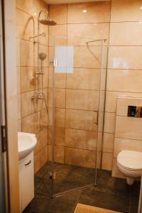 a bathroom with a shower with a toilet and a sink at Dziki Raj - domki z widokiem na Tatry oraz Babią Górę in Jabłonka +48 photos